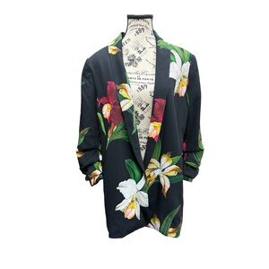 Chico's Black Open Front Blazer Bold Orchid Print Ruched 3/4 Sleeves Size 2/L